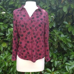 Casual, Business Casual Polka Dot Button-Up Blouse Roll Tab Sleeves